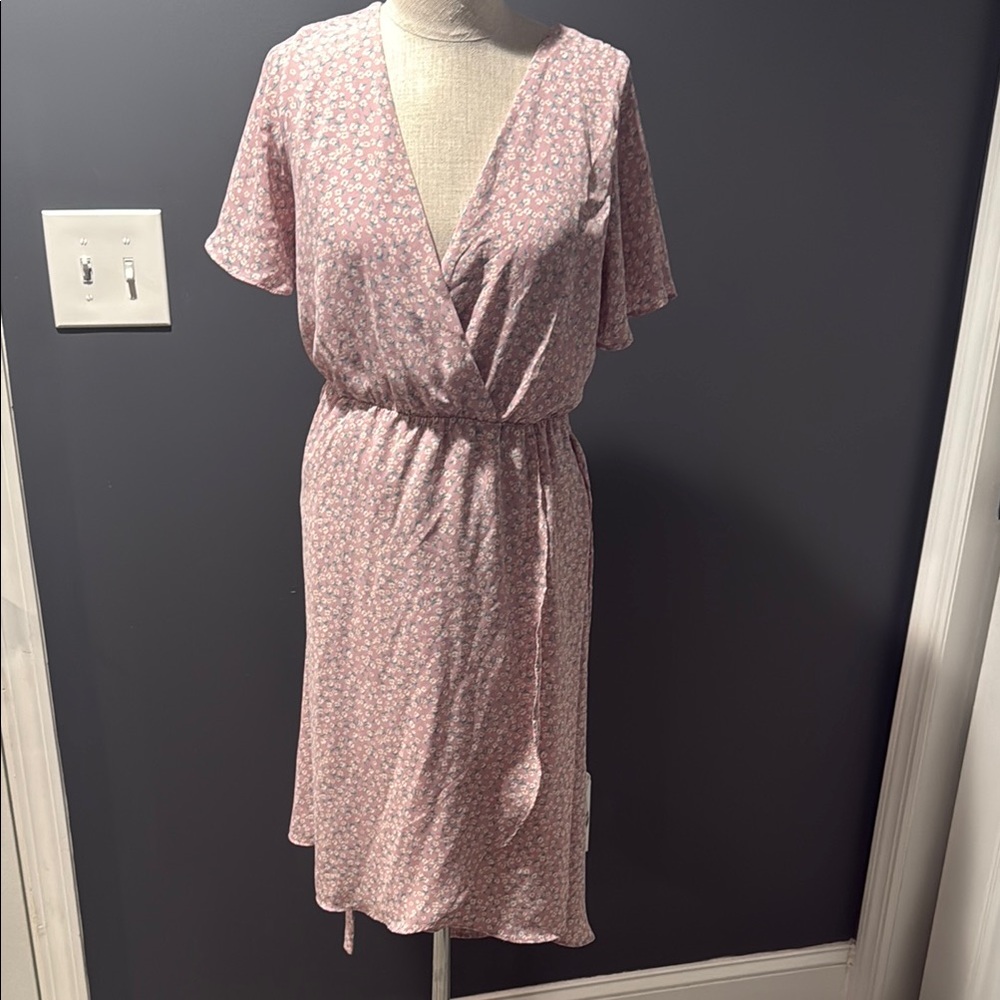 Pink Midi Wrap Sundress with Flutter Sleeves